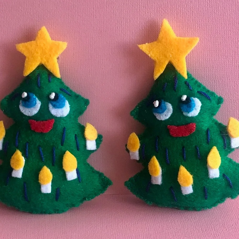 Christmas Tree Ornament Hand-Sewn Felt Anthropomorphic Green whimsy
